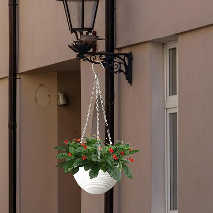 4 Pack 8 inch Plastic Self Watering Hanging Planters,Round Hanging Basket Planter with Drainer and Metal Chain,White Garden Flower Plant Pot Container for Indoor Outdoor Plants