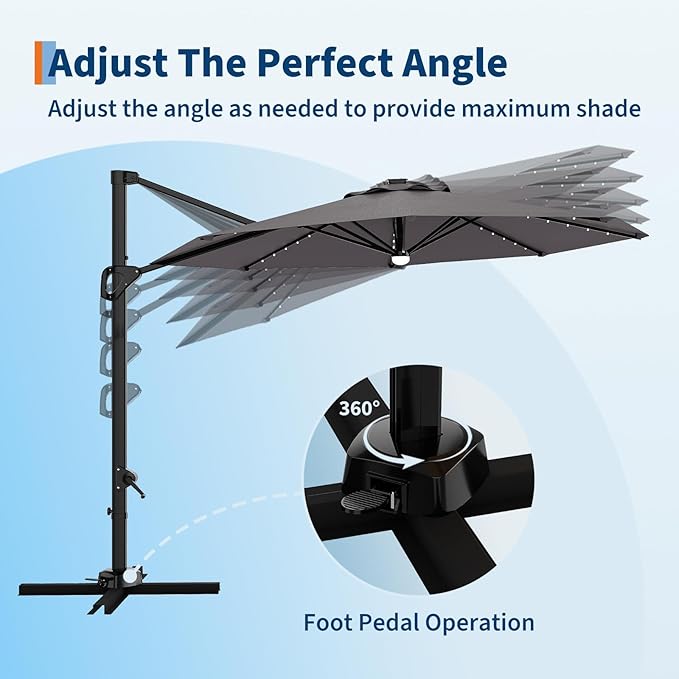 Garvee 10 ft Cantilever Patio Umbrella with Solar Lights, 360° Rotation Offset Umbrella, Easy Crank & Tilt Adjustment, UV Protection for Backyard, Poolside, Deck -Gray
