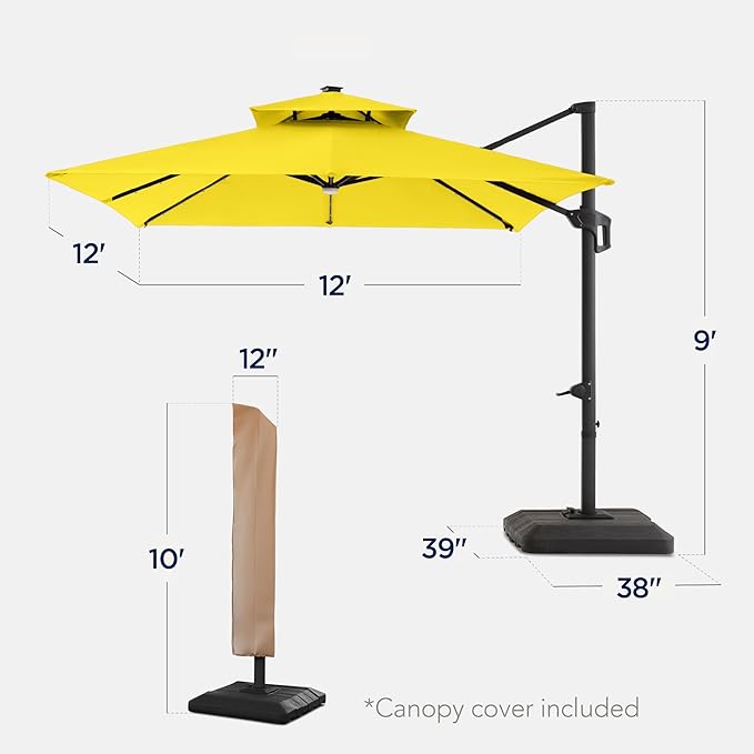 Best Choice Products 12x12ft LED Cantilever Patio Umbrella w/Base Included & 360° Rotation, Large Solar Offset Hanging Outdoor Sun Shade for Deck, Backyard Table w/Stand & Lights – Yellow