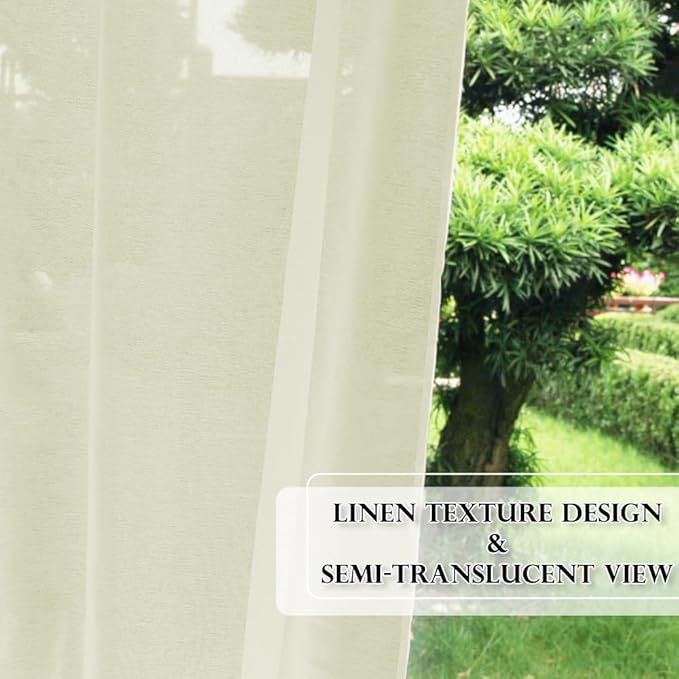 RYB HOME Sheer Curtains Outdoor - Linen Look Translucent Drapes Waterproof, Light Filtering Quick Dry Sheers for Exterior Patio Porch Wedding, 54" Wide by 96" Long, 2 Panels, Light Beige