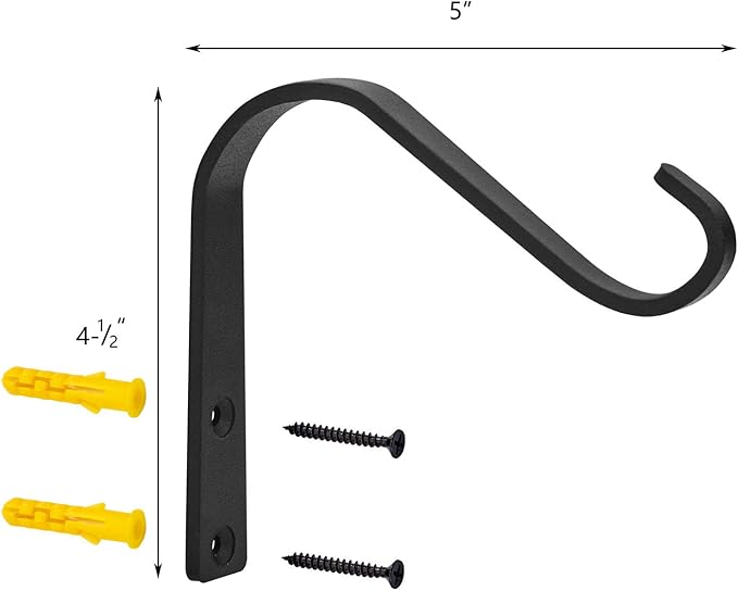 Plant Hooks 5 Inch, Rustic Cast Iron Wall Hooks for Hanging Plants Outside, Heavy Duty Plant Hangers, Decorative Planter Hook Hanging Brackets Indoor (4 Pack)