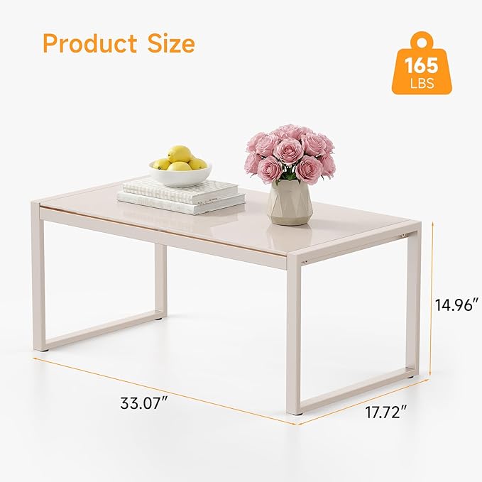 ONBRILL Rectangle Coffee Table with Tempered Glass Desktop, Galvanized Frame Outdoor Coffee Table with Adjustable Feet for Patio, Balcony, Deck, Living Room, Sand