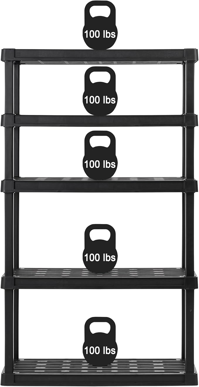 IRIS USA 5-Shelf Heavy Duty Plastic Storage Shelves, 750lb Capacity, 68" H x 36" W x 18" D, Large Modular Shelving Unit Storage Organizer for Garage, Home, Warehouse & Gym, Storage Rack - Black