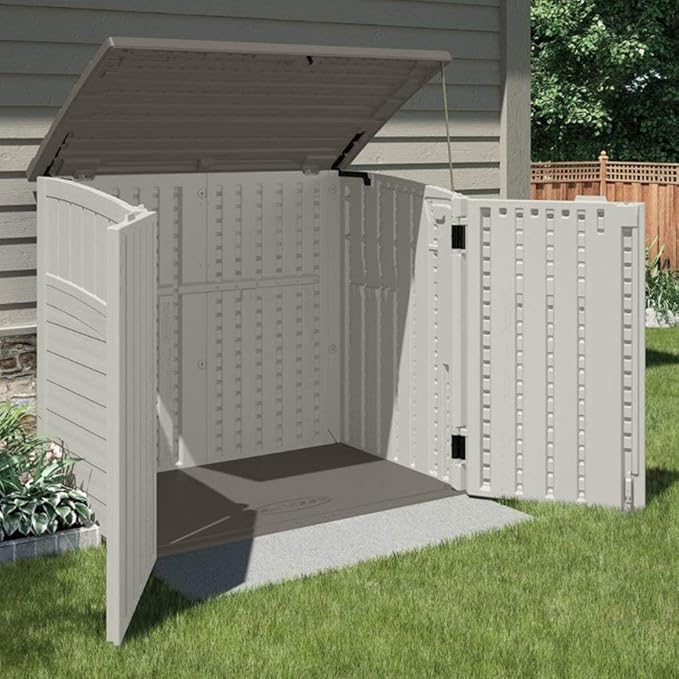 Suncast 3 Pack 34 Cu Ft Capacity Horizontal Outdoor Storage Shed for Garbage Cans, Garden Accessories, Backyard, and Patio Use, Vanilla