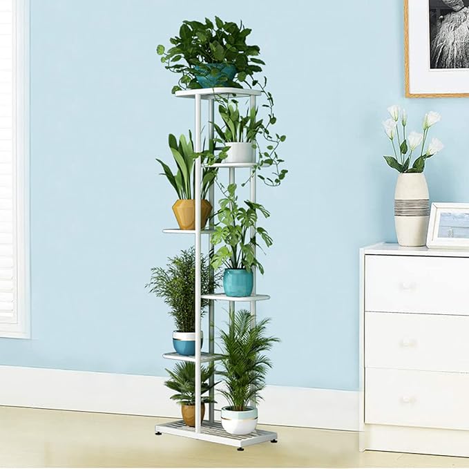 LINZINAR Plant Stand Metal 6 Tier 7 Potted Multiple Flower Pot Holder Shelf Indoor Outdoor Planter Display Shelving Unit for Patio Garden Corner Balcony Living Room (6 Tier 7 Potted, White)