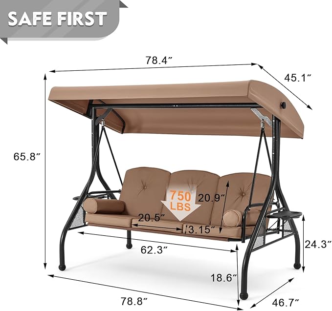 HOMREST 3 Seat Outdoor Porch Swing with Adjustable Canopy, Convertible Patio Swing Bed with Stand, Patio Glider Swing with Upgraded Cup Holder, Thicken Cushions ＆ Pillow for Backyard (Brown)
