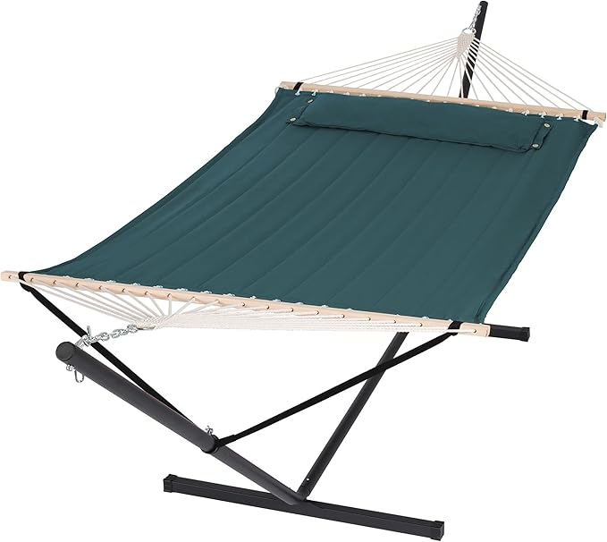 SUNCREAT Hammocks Extra Large Double Hammock with 12 ft Stand for Outside, 475lbs Capacity, Outdoor Portable Hammock with Hardwood Spreader Bar, Extra Large Pillow, Dark Green