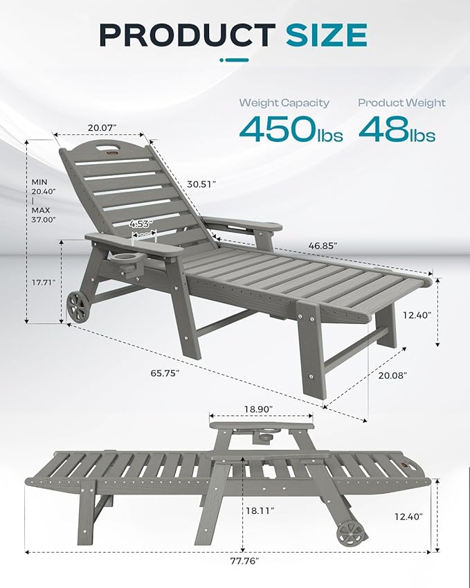Outdoor Lounge Chair Set of 4, All Weather Patio Chaise Lounge Chairs for Outside, HDPE Chair with Rolling Wheels & Cup Holder, 5 Position, Deck, Pool, Grey