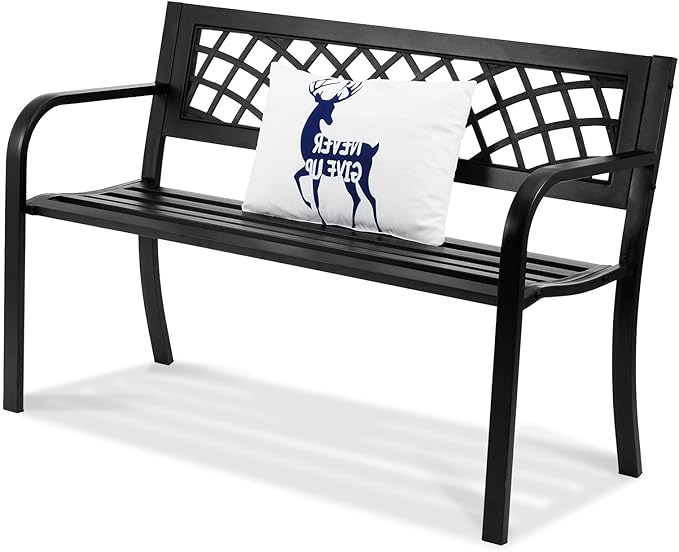 VEVOR Outdoor Bench, 46" Iron Steel Frame Garden Park Bench with Mesh Pattern and Plastic Backrest Armrests, Patio Bench for Garden, Park, Yard, Front Porch