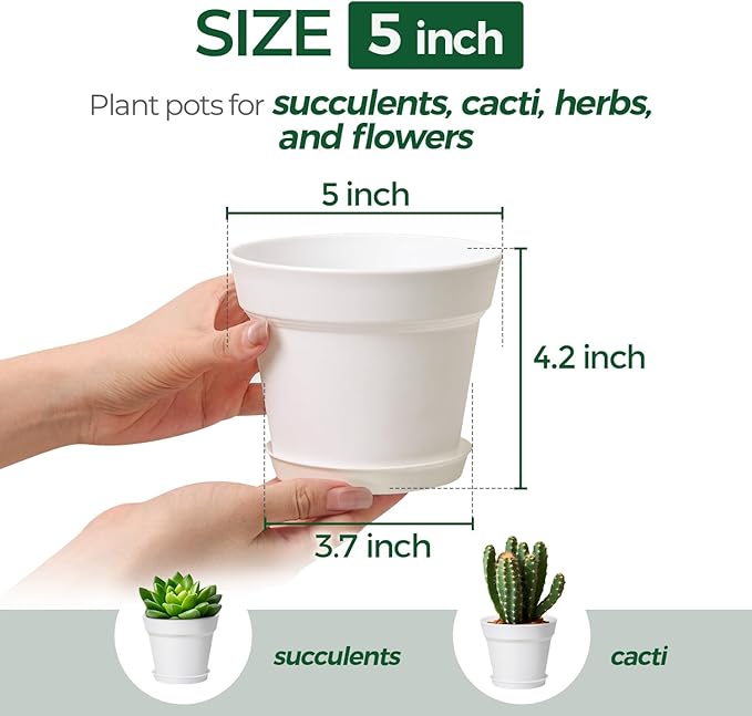 T4U 5 Inch Plant Pot 8-Pack, Plastic Pots with Drainage Hole and Saucer, Decorative Flower Pots Bulk for African Violet, Snake Plant, Succulent and All House Plants Indoor (8pcs 5" Pots, White)