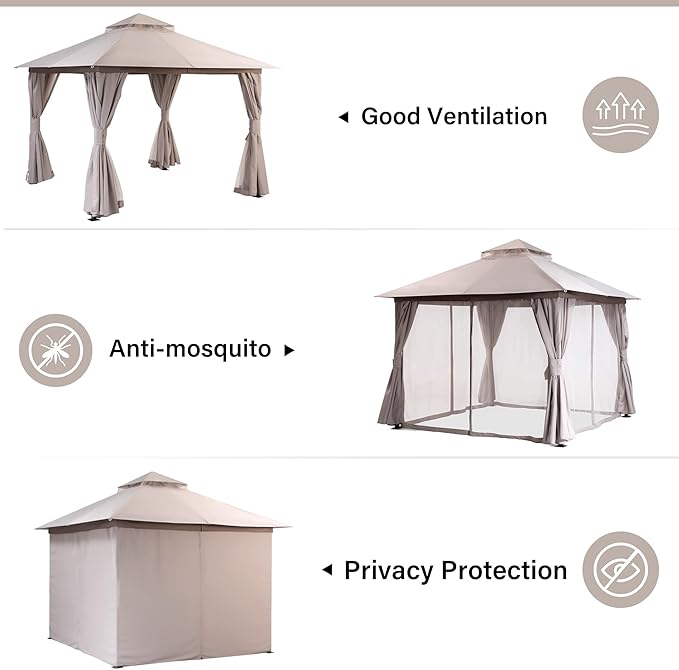LAUSAINT HOME Semi-Permanent Outdoor Patio Gazebo 10'x10', Heavy Duty Party Tent Shelter with Double Roofs, Mosquito Nettings and Privacy Screens for Backyard, Garden, Lawn, Khaki