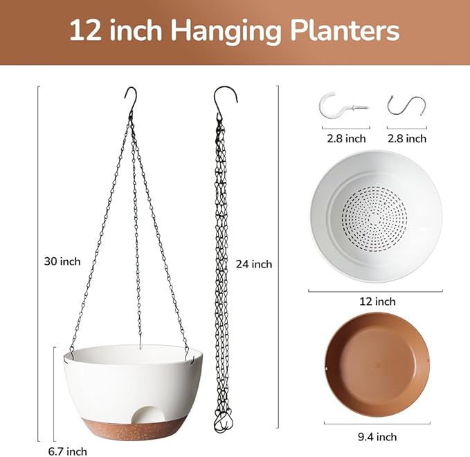 Hanging Planter, 12 Inch Self-Watering Hanging Planters for Indoor Outdoor Plants, Hanging Basket for Plants Flowers Outdoor (White)