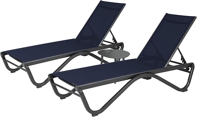 Kozyard Outdoor Chaise Lounge Chair, Full Aluminum Frame, Adjustable Reclining Patio Lounger for Poolside, Sunbathing & Backyard, Textilene (NavyBlue, 2Chairs + Table)
