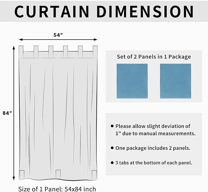 Easy-Going Outdoor Patio Curtains Detachable Tab Top Windproof Weatherproof Curtain for Cabana, Porch, Pergola and Gazebo, Tab Bottom Drape, 2 Panels, 54W x 84L inch, Sky Blue