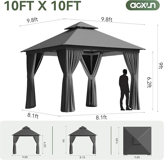 Aoxun 10x10 Outdoor Gazebo with 50FT LED Hanging Lights Metal Frame Canopy with Double Roofs Heavy Duty Party Tent and Shelter with Mosquito Netting and Privacy Screen for Backyard, Lawn, Garden(Gray)
