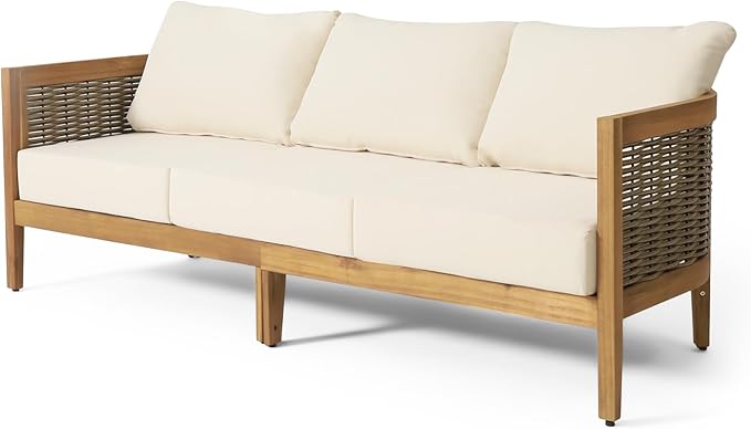 Merax 76.5" Outdoor Acacia Wood Wicker 3 Seater Sofa, Patio Furniture Couch for Backyard