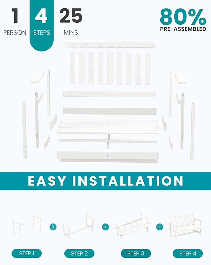 SERWALL Outdoor Bench, HDPE Outdoor Benches Weatherproof, 2-Person Garden Bench with 660 lbs Weight Capacity, Patio Benches for Outdoors, Garden, Porch, Backyard and Park, White, 4 Pack
