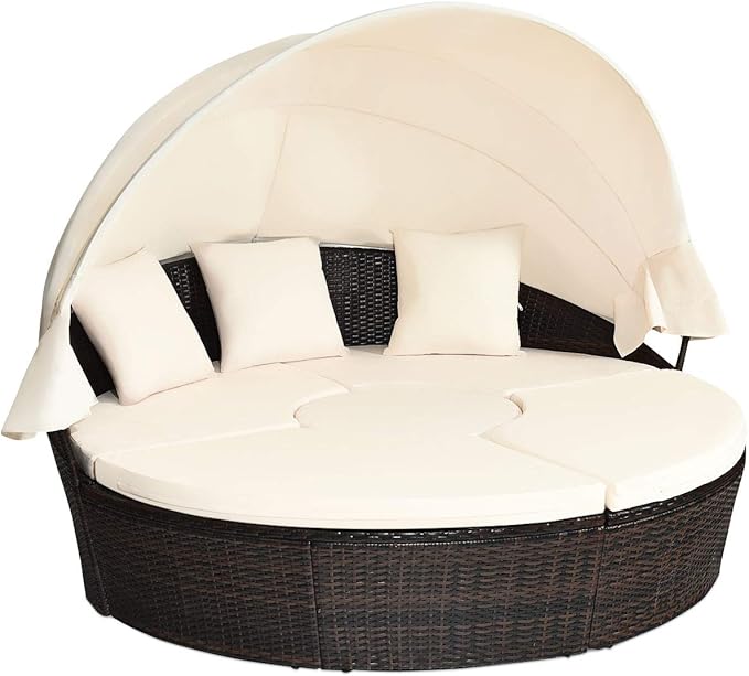 Tangkula Patio Round Daybed with Retractable Canopy, Outdoor Wicker Rattan Furniture Sets, Sectional Cushioned Sofa Set w/Height Adjustable Coffee Table, Rattan Conversation Sets (Beige)