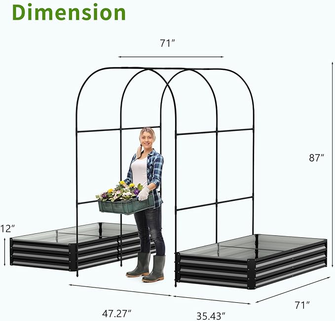 DoCred 3 in 1 Raised Garden Bed with 87in Tall Arch Trellis for Climbing Plants, Galvanized Planter Garden Box Outdoor for Gardening, Climbing Vegetables, Flower, Black