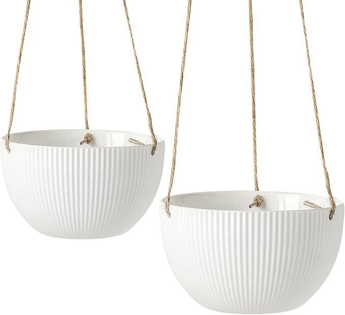 UBEE Ceramic Hanging Planters Indoor Outdoor, 7.5 Inch + 6.5 Inch Hanging Flower Pot for Plants Hanging Basket for Succulent Pothos Herbs Window Home Decor, 2 Pack, White