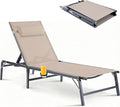 Foldable Chaise Lounge Chair with Cup Holder, Assemble-Free Outdoor Lounge Chair with Detachable Pillow and 6 Adjustable Backrest, Patio Lounge Chair for Outside Poolside Beach Pool, Khaki