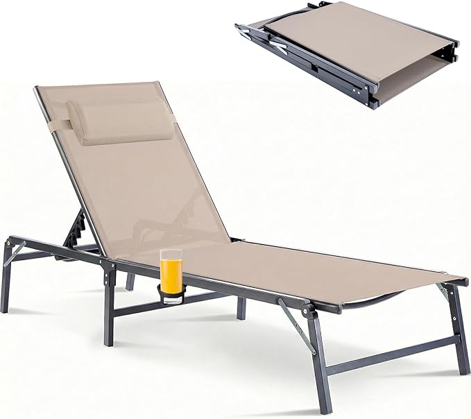 Foldable Chaise Lounge Chair with Cup Holder, Assemble-Free Outdoor Lounge Chair with Detachable Pillow and 6 Adjustable Backrest, Patio Lounge Chair for Outside Poolside Beach Pool, Khaki