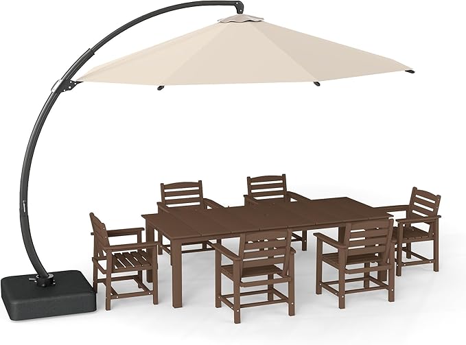 7-Piece Brown Outdoor Dining Set with Beige 11FT Large Patio Umbrella, 75.2'' HDPE Table & Chairs for 6, Weather-Resistant Furniture with Umbrella Hole for Patio, Lawn, Poolside