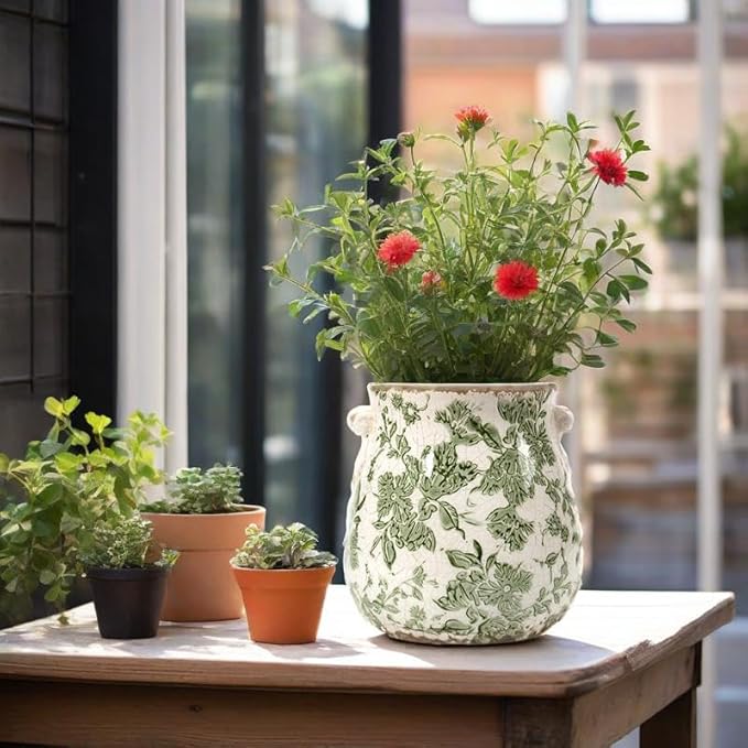 Vintage Plant Pot Rustic Planter Container with Drainage Hole Ceramic Ice Crack Flower Pot Decorative Planter for Indoor and Outdoor Tuscan Decor Vase Gardening Gift (Green)