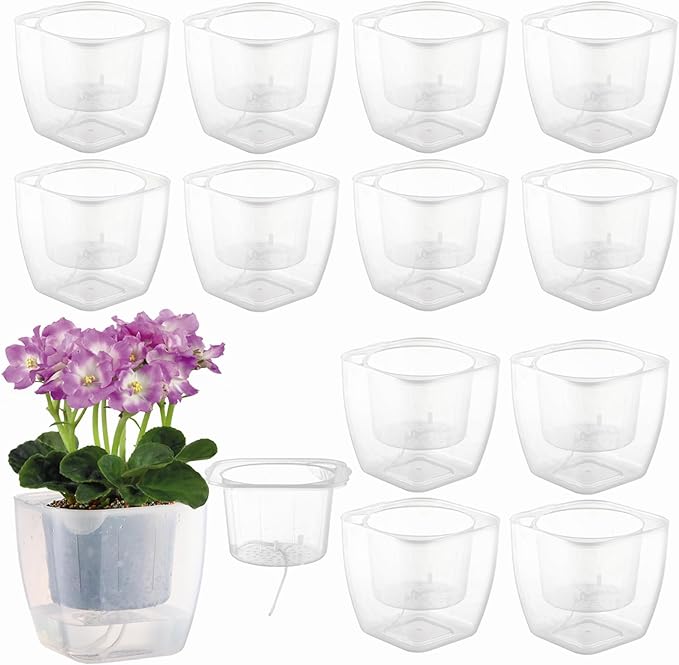 12-Pack Clear Self Watering Planters for Indoor Plants 7" Large African Violet Plant Pots Plastic Wick Flower Pots with Water Injection Hole, Orchid Plant Pot Set, Clear