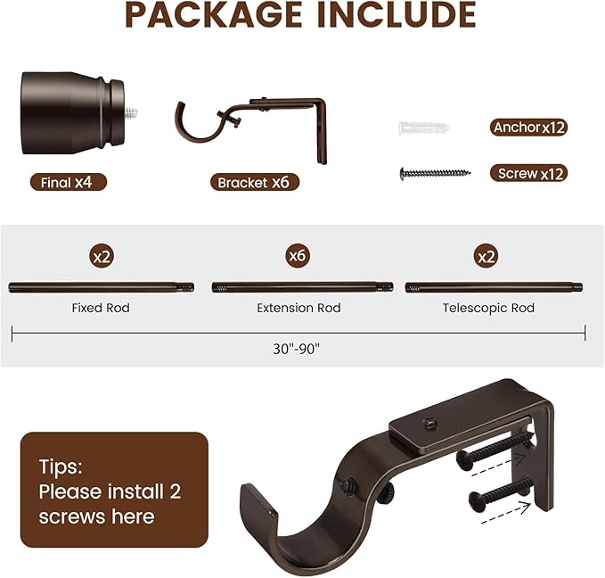 2 PACK 1” Diameter brown curtain rod Itself is 30 to 90 inch. 1 Pack Fits 30-84 inch Windows with Heavy Duty Adjustable brown curtain rods Splicing Metal Extra Long Curtain Rod