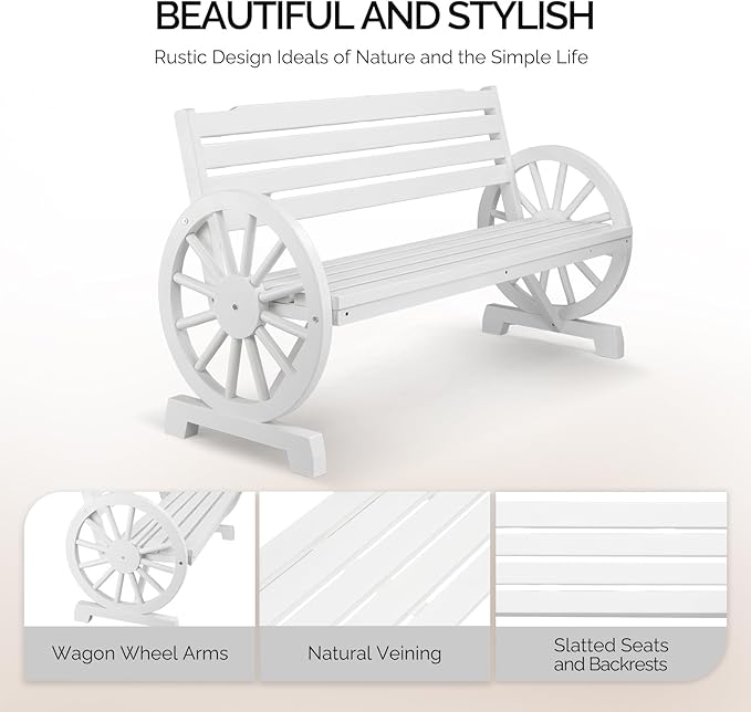 VINGLI Rustic Wooden Wheel Bench Outdoor Bench, Patio Bench Wagon Slatted Seat, Garden Benches for Outdoors 350lbs High Capacity, Weather Resistance (White, 55in)