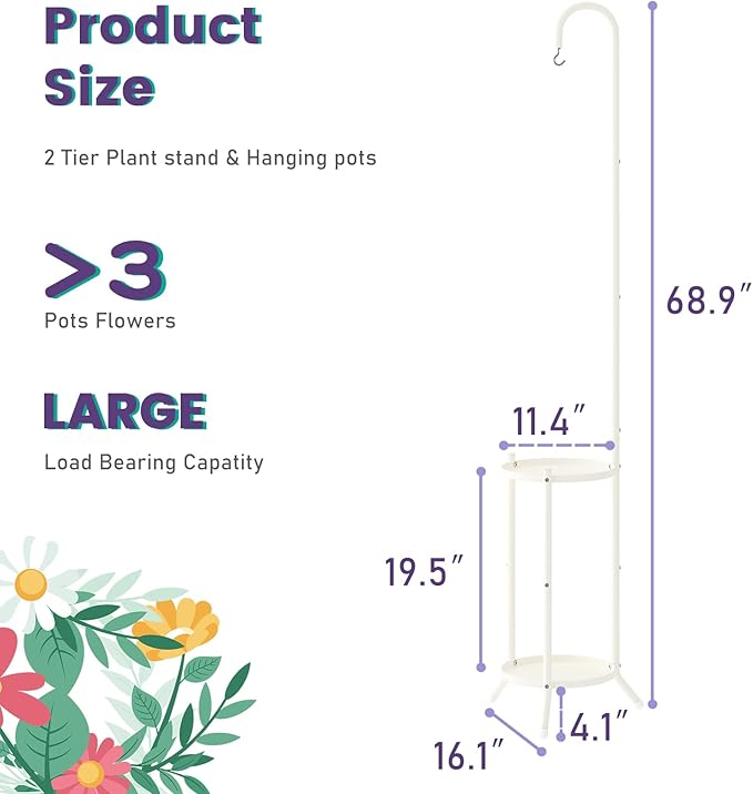 2-Tier Metal Plant Stand with Hanging Hook, Indoor Outdoor Plant Shelf,Heavy Duty Plant holder Rustproof Iron Multiple Plant Round Supports Rack for Planter Corner Garden Balcony Patio (Cream)