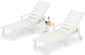 LUE BONA Chaise Lounge Chair with Table, 3-Piece, HDPS Chaise Lounger, 5 Positions Adjustable Lounge Chairs, Pool Lounge Chair with Wheels for Poolside, Backyard, White