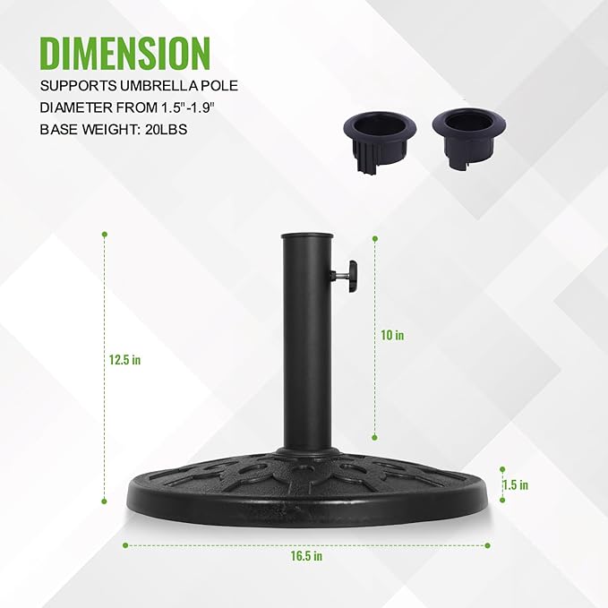 Backyard Expressions 20 lb Round Patio Umbrella Base – Heavy Duty Resin-Coated Calcium Carbonate Stand with Adjustable Pole Adapters Fits 1.5"–2" Poles, Weather-Resistant, Black Finish