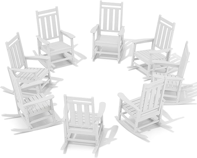 KINGYES Oversized Outdoor Rocking Chair Set of 8, All-Weather Patio Rocking Chairs for Porch, HDPE Outdoor Patio Rockers with High Back & Wide Seat for Garden, Lawn, White