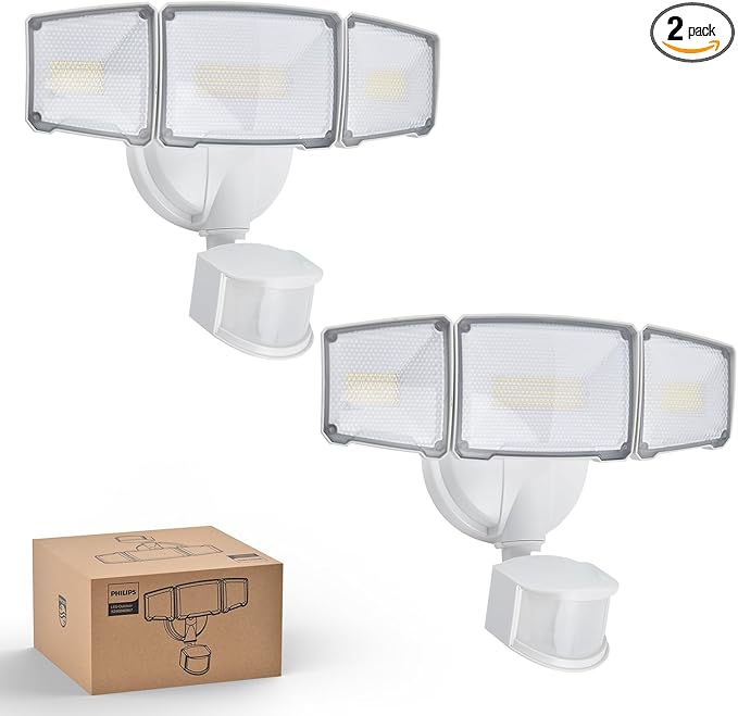 Philips 72W 7400LM LED Security Lights w/PIR Motion Sensor Outdoor, 5000K Daylight Dusk to Dawn Aluminum Flood Light, 3 Adjustable Heads, Waterproof for Garage, Yard, Porch