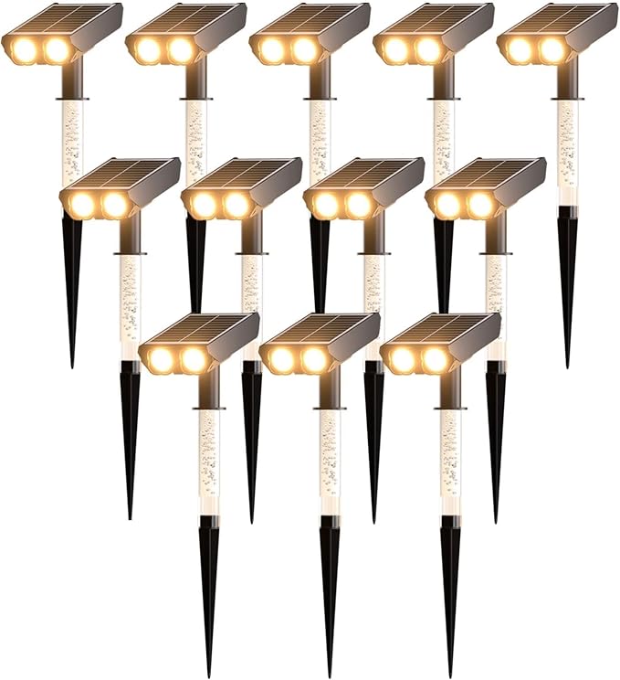 Solar Spot Lights Outdoor Adjustable Beam & PC Light Guide Column, 12 Pack Solar Lights Outdoor Waterproof IP65, 2 Modes & Auto On/Off Landscape Spotlights for Garden Yard Pathway Tree (Warm Yellow)