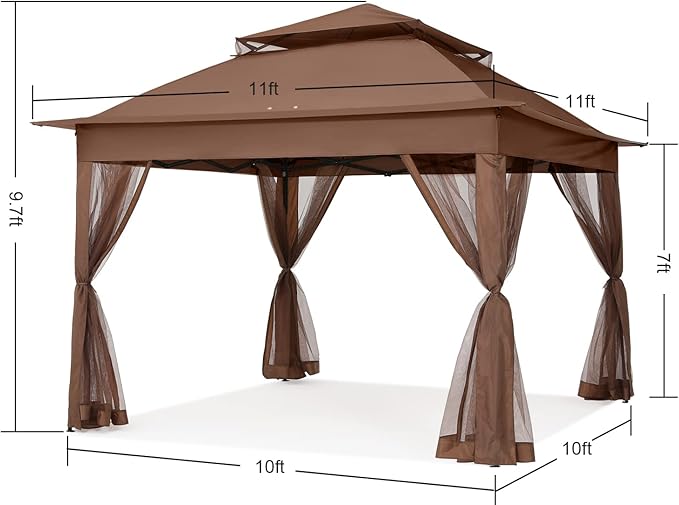 COOSHADE 11x11 Pop Up Gazebo Tent Outdoor Canopy Patio Shelter with Mosquito Netting(Brown)