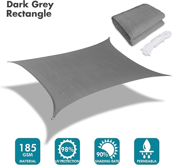 KANAGAWA 8'X12' Dark Gray Custom Size Sun Shade Sail Rectangle UV Block Canopy Cover for Patio Backyard Lawn Garden Outdoor (Customized Available)