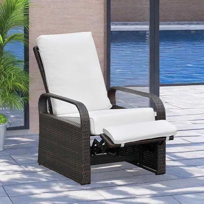 ART TO REAL Outdoor Recliner, Automatic Adjustable Wicker Lounge Recliner Chair with 5.12'' Thicken Cushion, All Weather Aluminum Frame, Brown Wicker + Beige Cushion