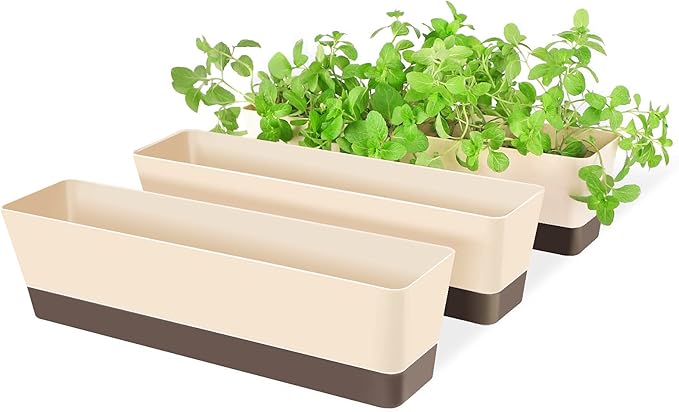 Suream Window Box Herb Planters, 3 Pack 16 x3.8 Inch Indoor Rectangle Succulent Cactus Plant Pots with Saucer, Modern Plastic Flower Container for Windowsill, Garden Balcony, Home Office Outdoor Decor