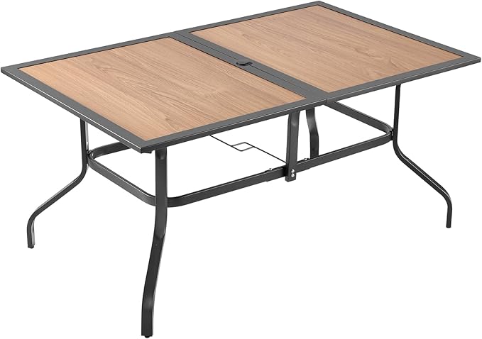 VEVOR Outdoor Patio Dining Table, 59 inch Long Rectangular Wood-Like Steel Slat Backyard Bistro Tables for 4-6, with 1.5 in Umbrella Hole, All-Weather Large Furniture for Lawn Garden Porch, Brown