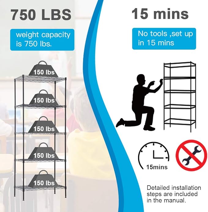 BestOffice | 5-Tier Wire Storage Shelves | 14x24x60 | Black| Heavy-Duty Metal Shelf, Holds Upto 750 lbs | No-Tool Assembly | Ideal for Home & Garage Shelving