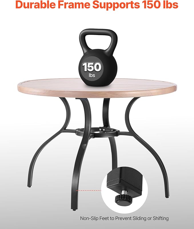 VEVOR Outdoor Patio Dining Table, 41 inch Round Wood-Like Steel Slat Backyard Bistro Coffee Tables for 4, with 1.5 in Umbrella Hole, Outside All-Weather Large Furniture for Lawn Garden Porch