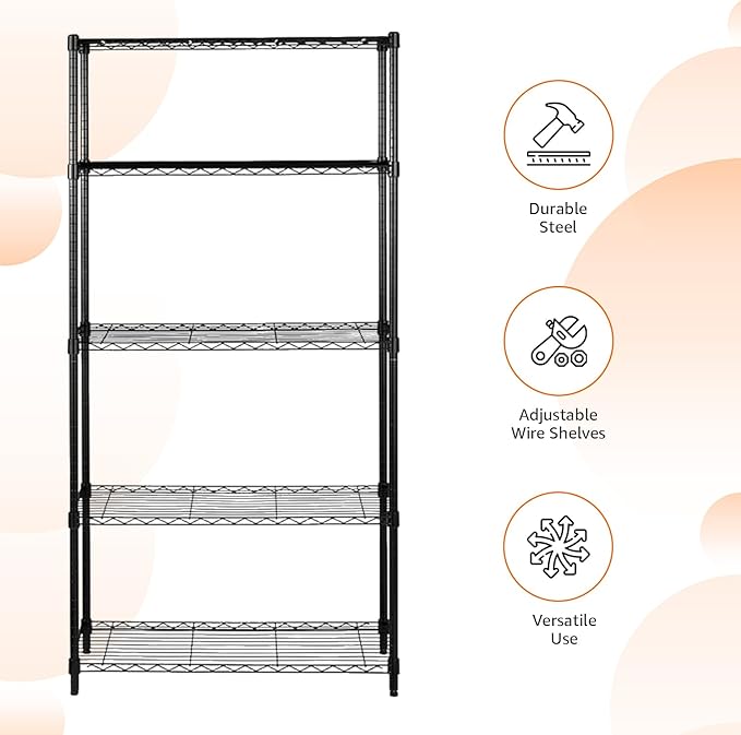 Amazon Basics 5-Shelf Adjustable Heavy Duty Steel Wire Storage Shelves for Garage, Kitchen, Easy Assembly, 36" x 14" x 72", Black | Heavy Duty, Adjustable, for Kitchen, Garage, Shelving Organizer