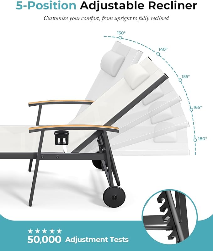 Ciokea Outdoor Lounge Chair with Pillow Set of 4, 5-Position Chaise Lounge with Wheels & Armrests, 400 lbs Heavy Duty Aluminum Pool Lounge Chairs, for Beach, Deck, Poolside & Backyard, White
