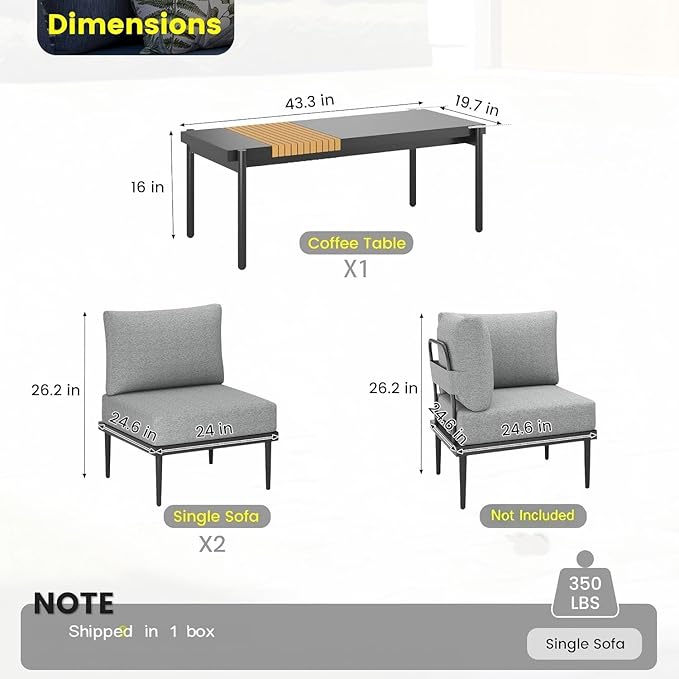 Sundale Outdoor 3 Pieces Patio Furniture Set, Metal Outdoor Sectional Sofa with Coffee Table, All-Weather Modern Outdoor Conversation Sets for Balcony, Porch, Poolside, Sunroom