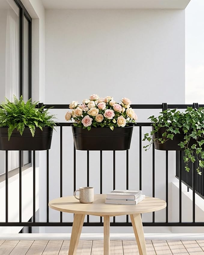 vensovo 16 Inch Railing Planter for Outdoor Plants - 3 Pack Large Metal Balcony Hanging Planters with Detachable Hooks and Drain Holes Oval Box Rail Pots for Home Garden Fence, Black