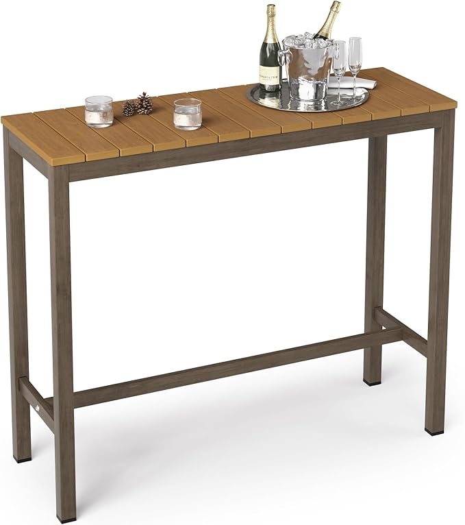 Outdoor Bar Table, 45" Patio Bar Height Counter Console Table, Waterproof HDPS Slatted Top, Weather Resistant, Hot Tub, Balcony, Yard, Indoor or Outdoor Use, Teak