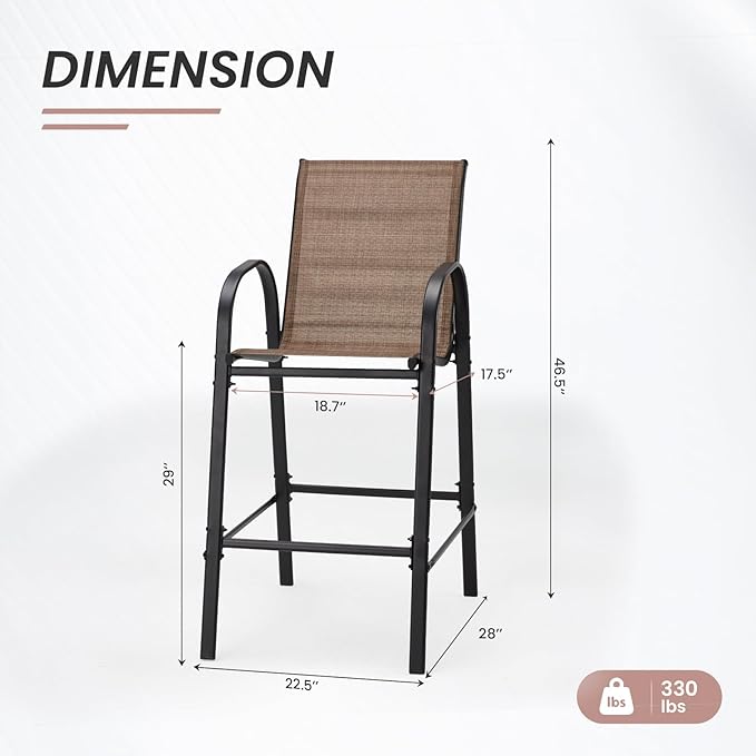 HOMREST Outdoor Bar Height Stools Set of 8,High Back Patio Chairs with Armrests,Textilene Chairs with Breathable Fabric & Metal Frame for All Weather,Brown